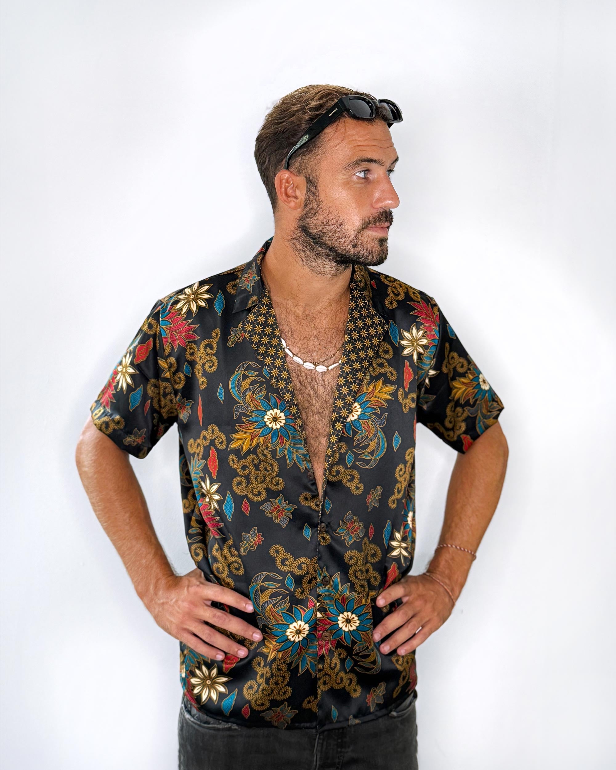 Batik Shirt Short Sleeve_Black Flower