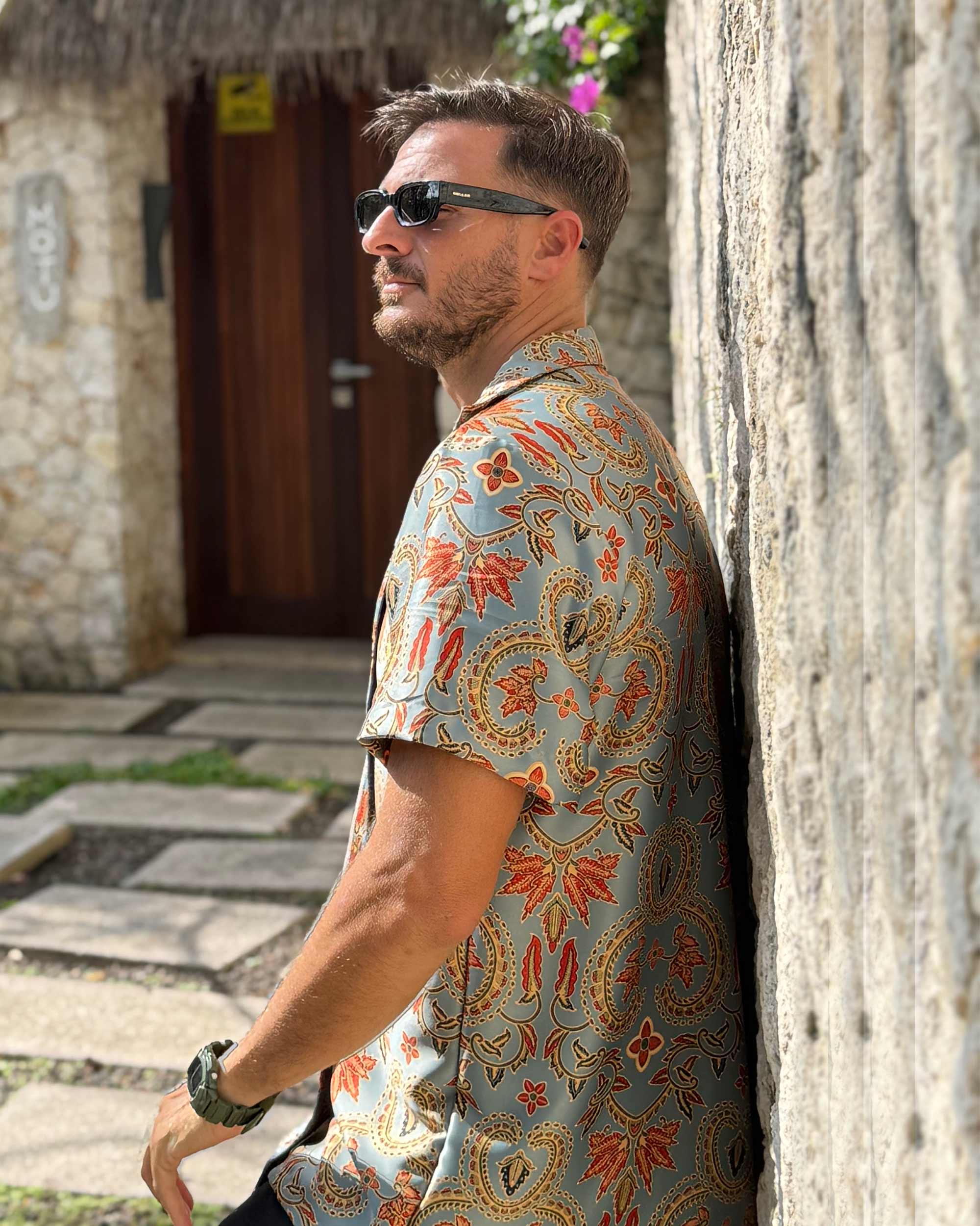 Batik Shirt Short Sleeve - Cyan Flower