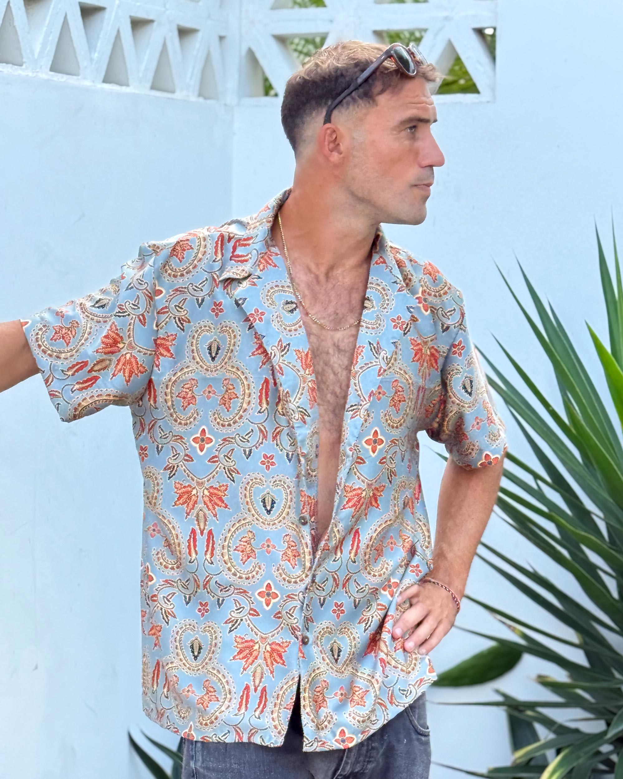 Batik Shirt Short Sleeve - Cyan Flower