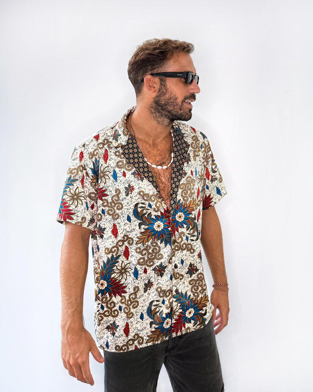 Batik Shirt Short Sleeve White Flower