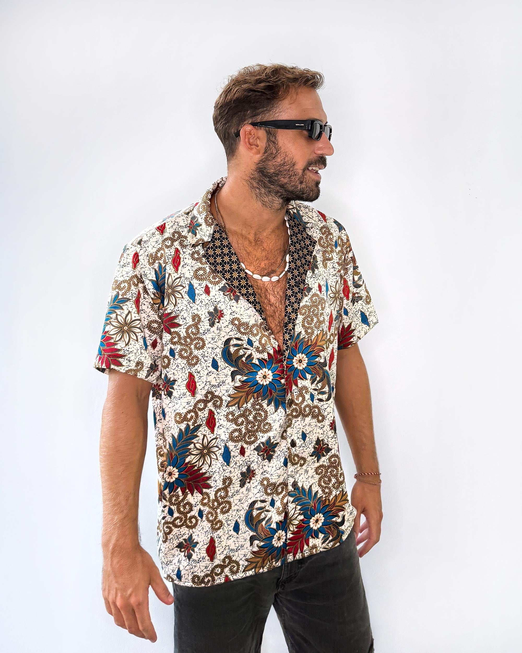 Batik Shirt Short Sleeve White Flower